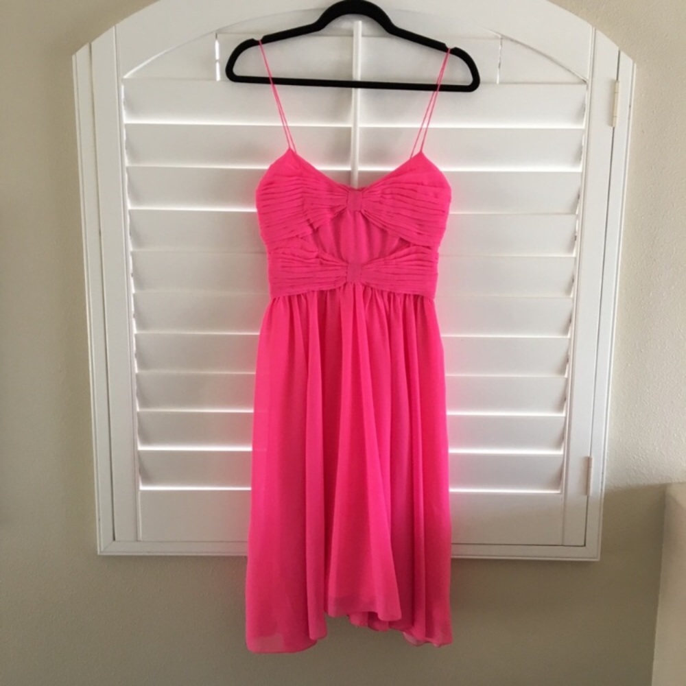 Erin fetherston bright hot pink midi dress chiffon cocktail bow prom bridesmaid